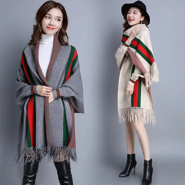 European and American style fringed shawl cape for women, warm with sleeves, bat-shaped, versatile for autumn and winter, thick knitted sweater jacket for women