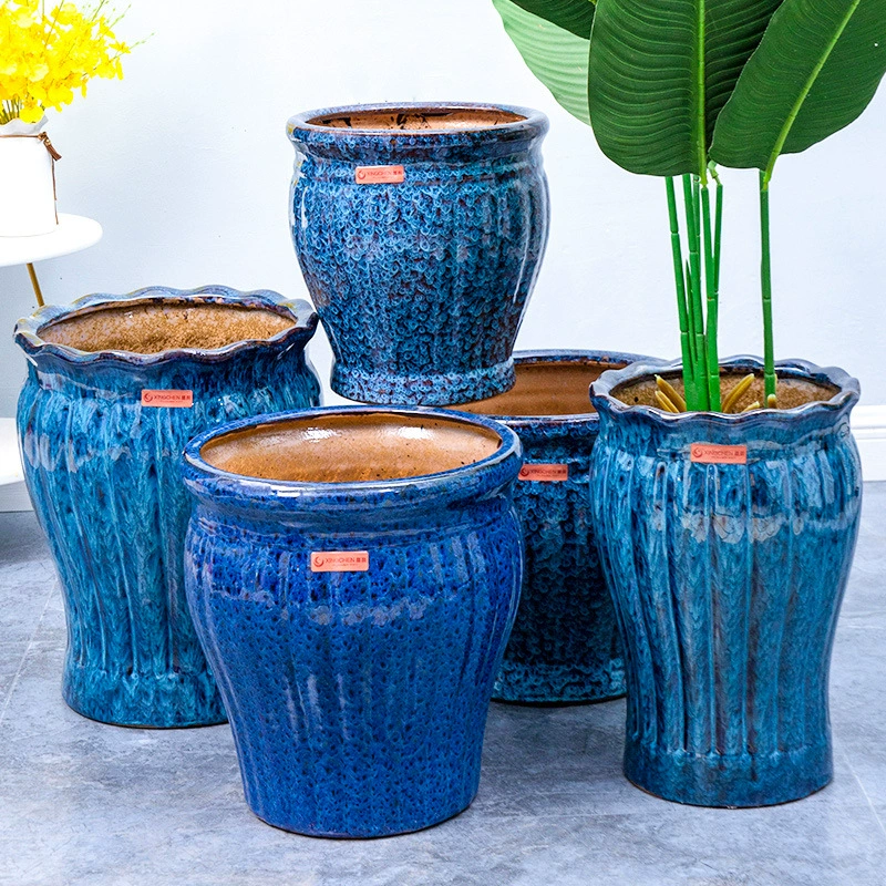 Цилиндрический каменный узор Павлин Синяя керамическая запеканка Подсолнух Зеленая Роза Очень большой горшок удачи с высоким рукавом Цветочный горшок