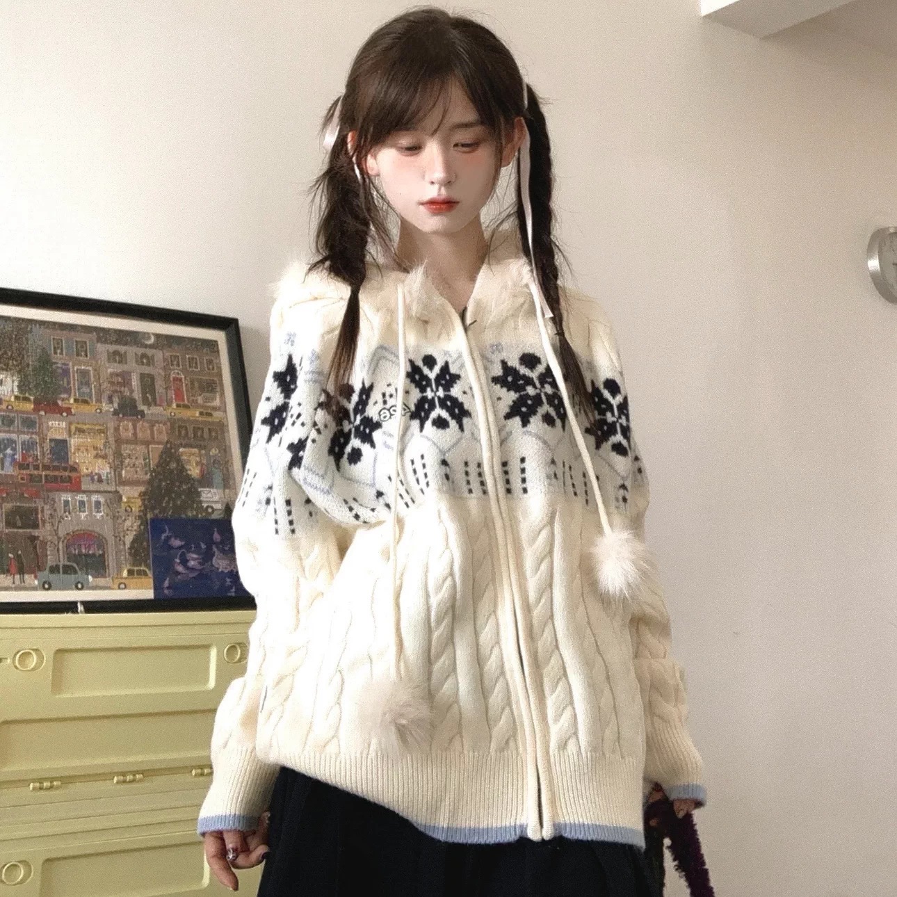 费尔岛麻花连帽毛衣外套女秋冬季2026新款慵懒风加厚提花针织开衫