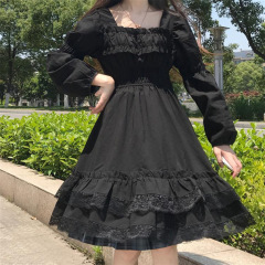 轻洛丽塔蕾丝黑色连衣裙女秋秋冬可盐可甜小个子长袖木耳方领裙子