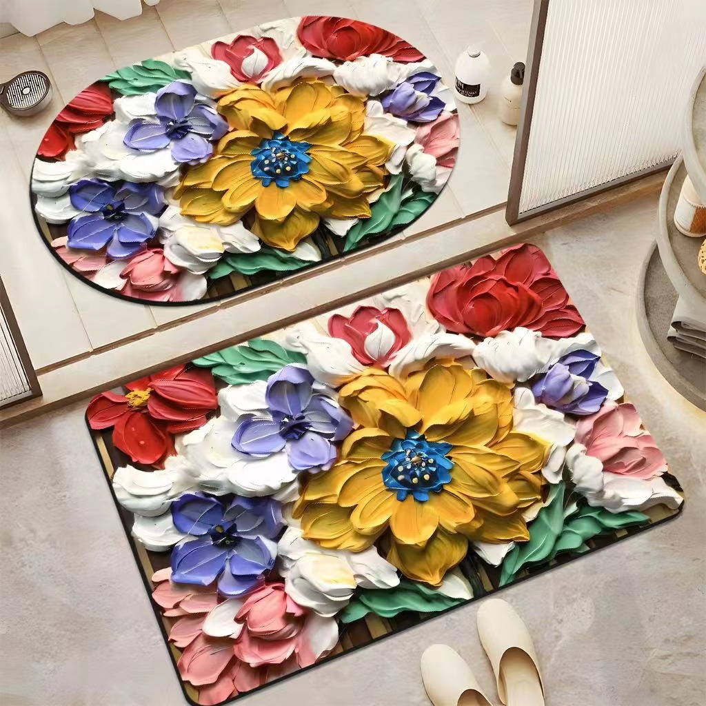 Diseño original 3D visión baño puerta antideslizante absorbente de secado rápido resistente al desgaste estera del pie simple pequeña flor absorbente