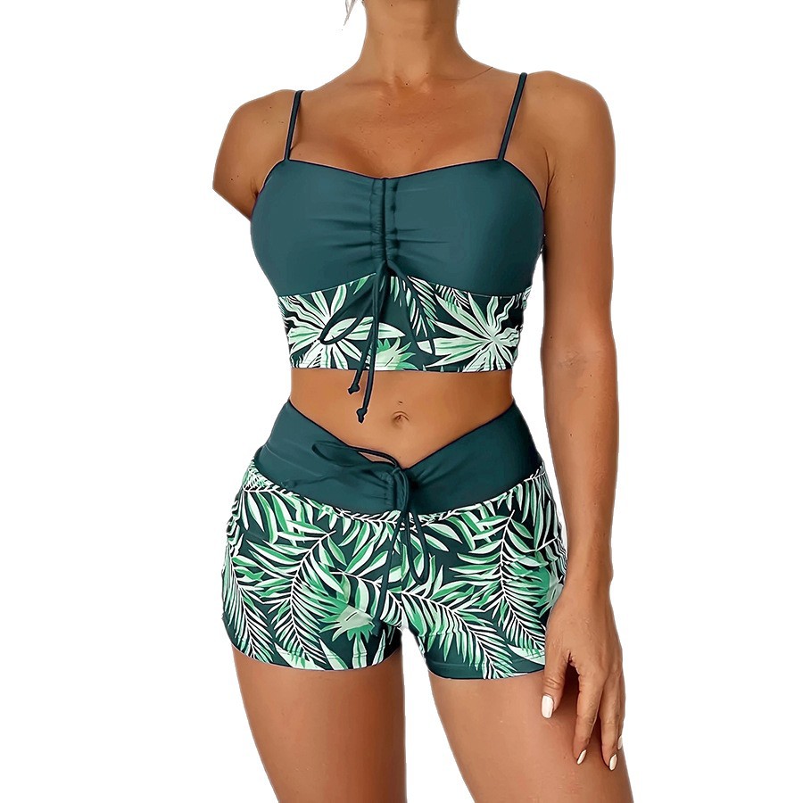 High Waist Lace up Print Swimsuit for Women Split Boxer Style Solid Color Splicing Design European American Foreign Trade 2024 Large Size_ecoleips.com