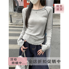 现货实拍 秋季韩版气质修身圆领插肩反线设计感长袖T恤打底衫上衣