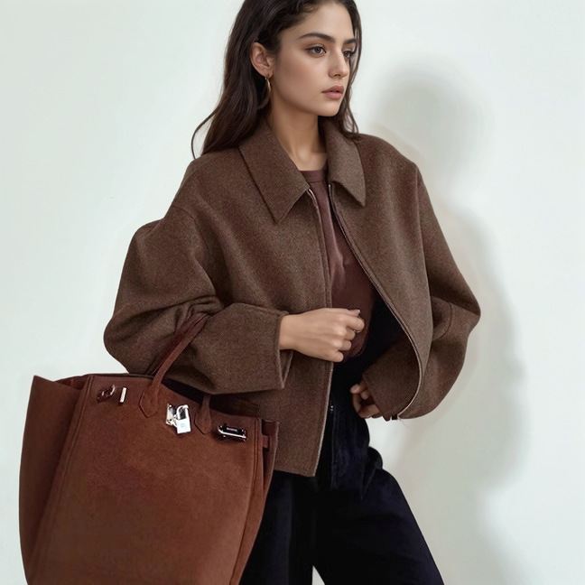 Cross-border in stock Autumn and Winter Women's Lapel Long-sleeved Zipper Jacket European and American Foreign Trade Fashion Loose Casual Women's Jacket