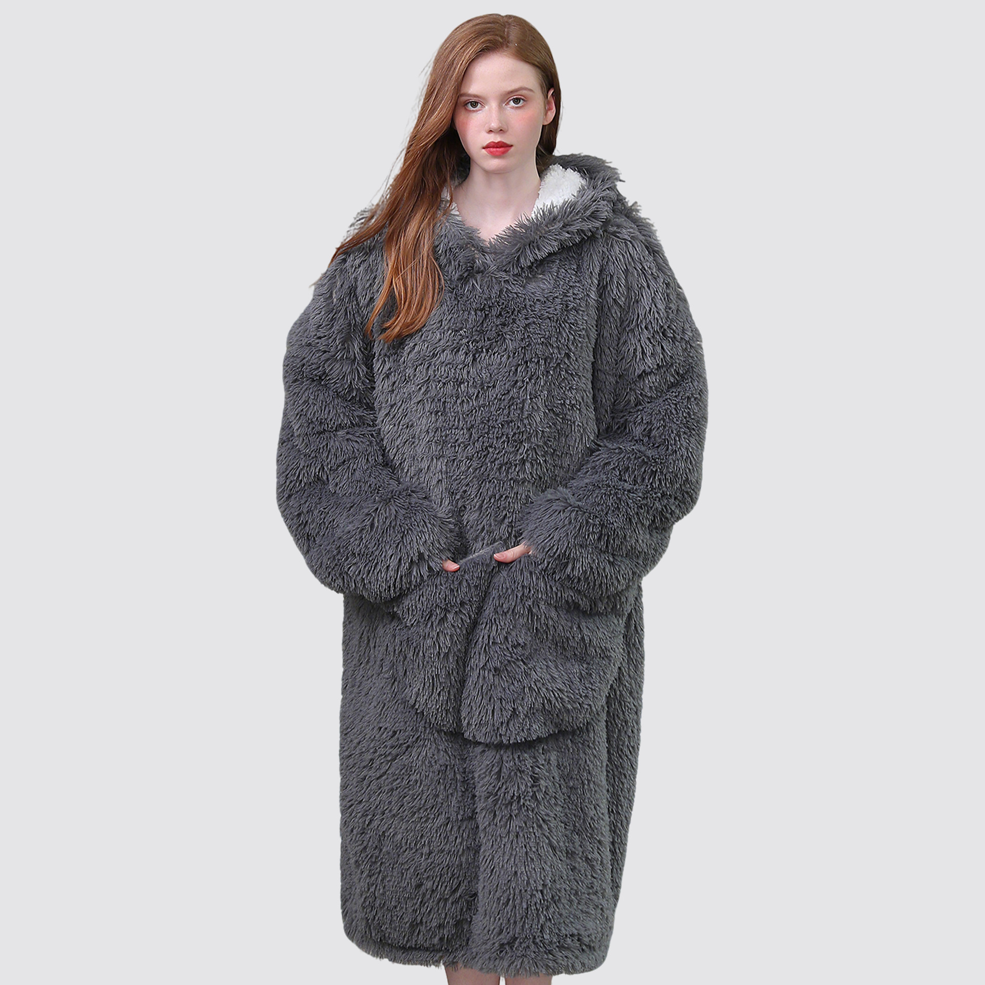 amazon同款加厚保暖家居服套头连帽长毛绒懒人服电视毯宽松睡衣