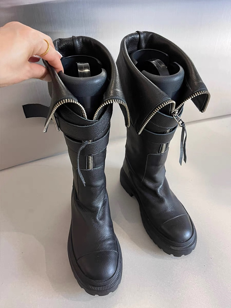 Women's Martin Boots, Made Of Genuine Leather, Knee-high Design, With Belt Buckles, Thick Soles, Suitable For Motorcycle Riding, High-top Style._voghion.com