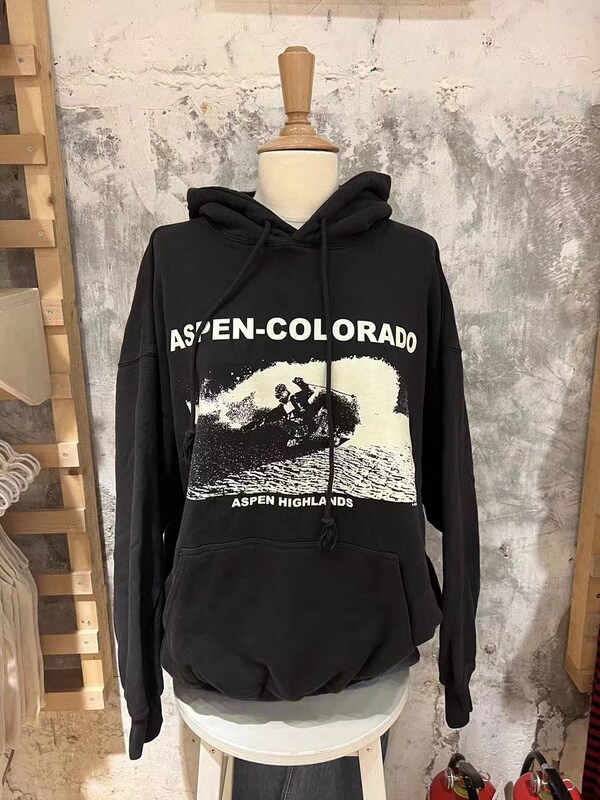 Bm Style New American Retro Aspen Ski Print Hooded Sweatshirt Bm Loose Kangaroo Pocket Jacket Top for Women