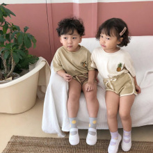 韩国童装菠萝绣花儿童服装女童夏装短袖t恤套装男童清新夏日风