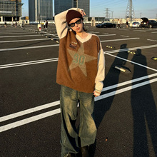 原创美式撞色五角星毛衣男套头春秋季慵懒软糯加厚情侣内搭打底衫