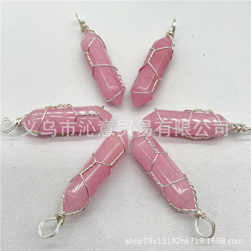 Comercio exterior caliente bobina hexagonal columna colgante collar de cristal natural hecho a mano de plata hilo bala joyería al por mayor