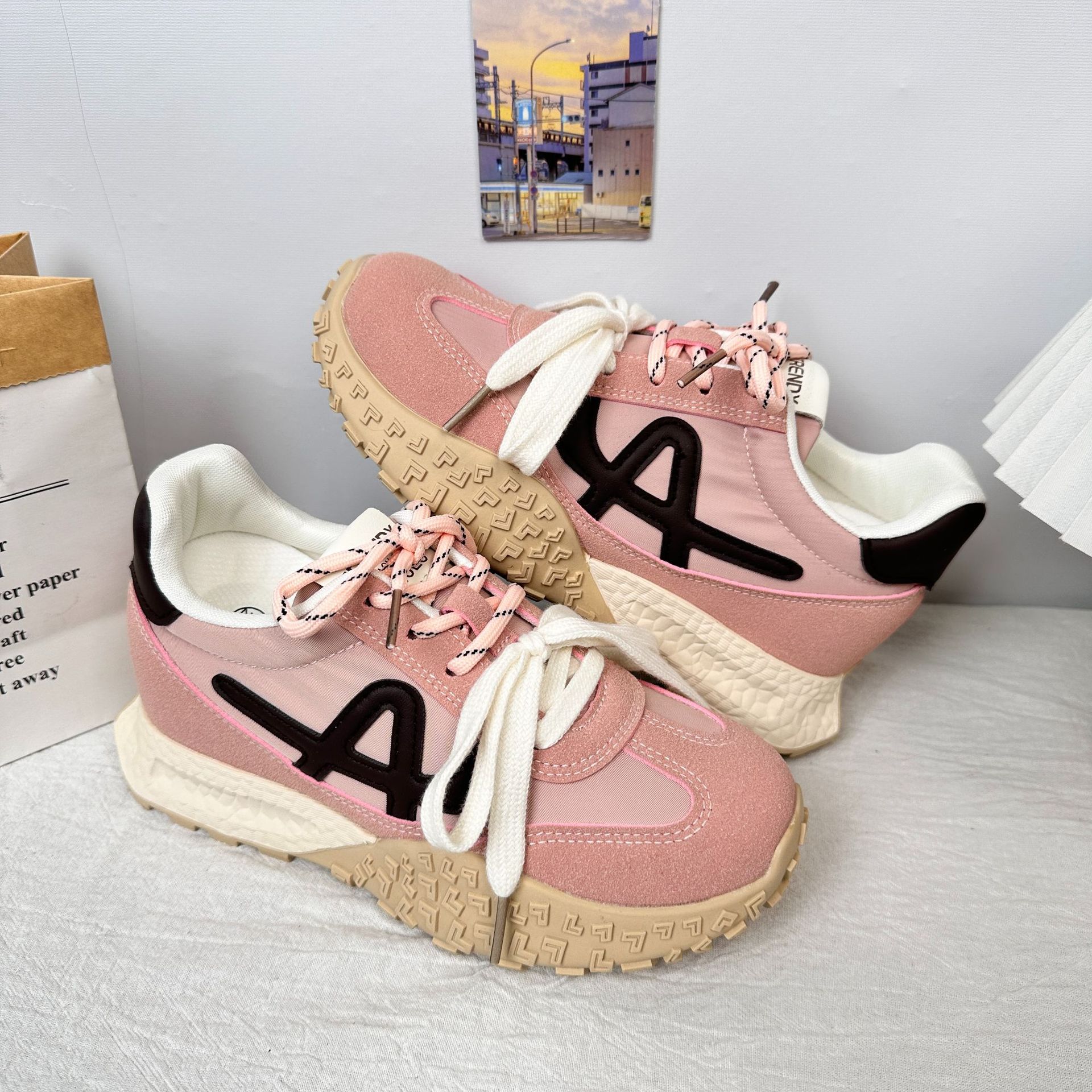 A9910 American Forrest Gump Zapatos casuales de nuevo estilo, cordones de dos colores, suela gruesa transparente y versátil, cordones, zapatos de mujer de moda ligera