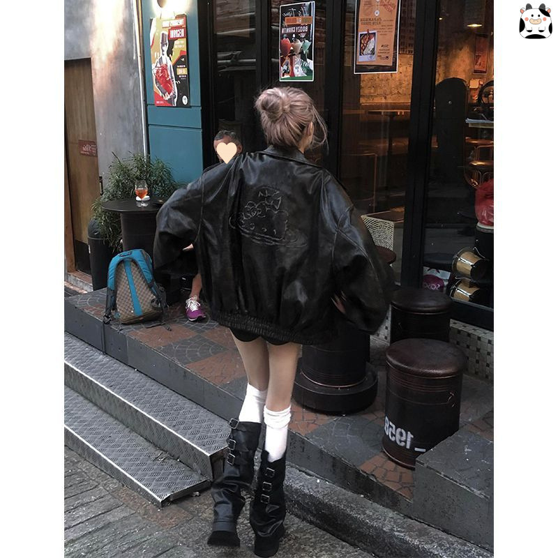 American Retro Distressed Niche Leather Jacket for Women 2025 Winter New Loose Pleated Design Motorcycle Jacket Trend