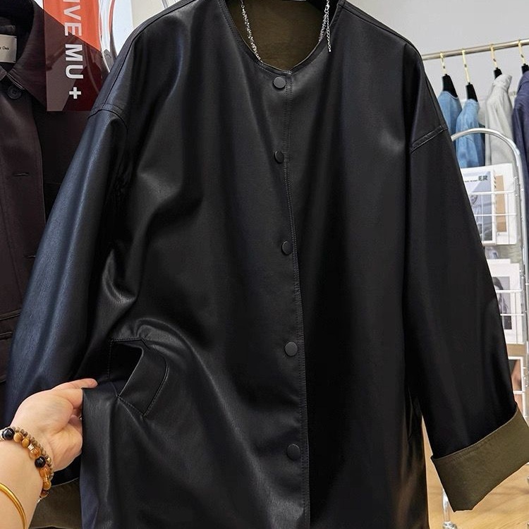 2025超火新款慵懒风宽松休闲两面穿圆领皮衣外套女秋冬pu皮夹克|undefined