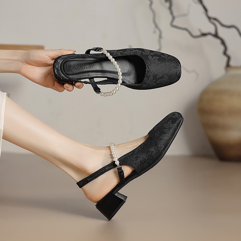 Tweed Style Pearl Mary Jane Shoes Women's 2025 Summer New Fairy Style Square Toe Thick Heel Strap Toe Sandals