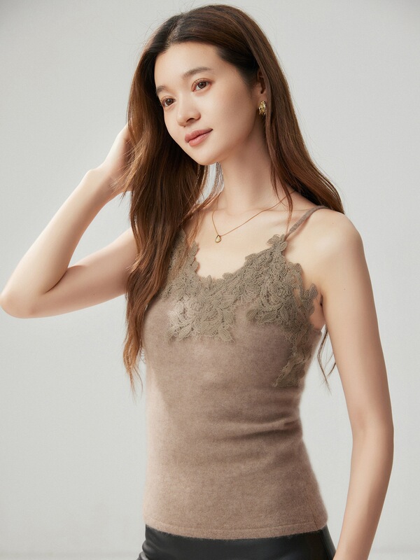 Lace Women's Cashmere Knit Camisole with Thin Straps, Tight-Fitting Base Layer Sweater, Black Tank Top