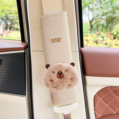 Seat belt shoulder pad cute decoration - cardibala-teddy-velvet-shoulder-pads-on-the-front-1-beige