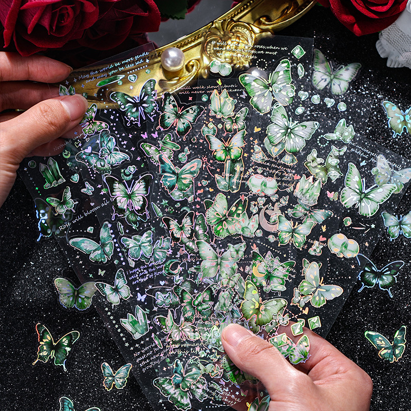 Cristal brillante mariposa láser transparente impermeable mascota pegatinas de cuentas DIY diario decoración material de tarjeta de papel pegatinas