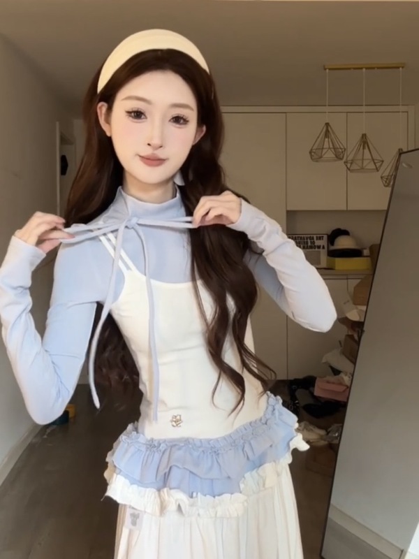 甜美芭蕾风拼接吊带长袖t恤女秋季小个子气质荷叶边显身材上衣潮|undefined