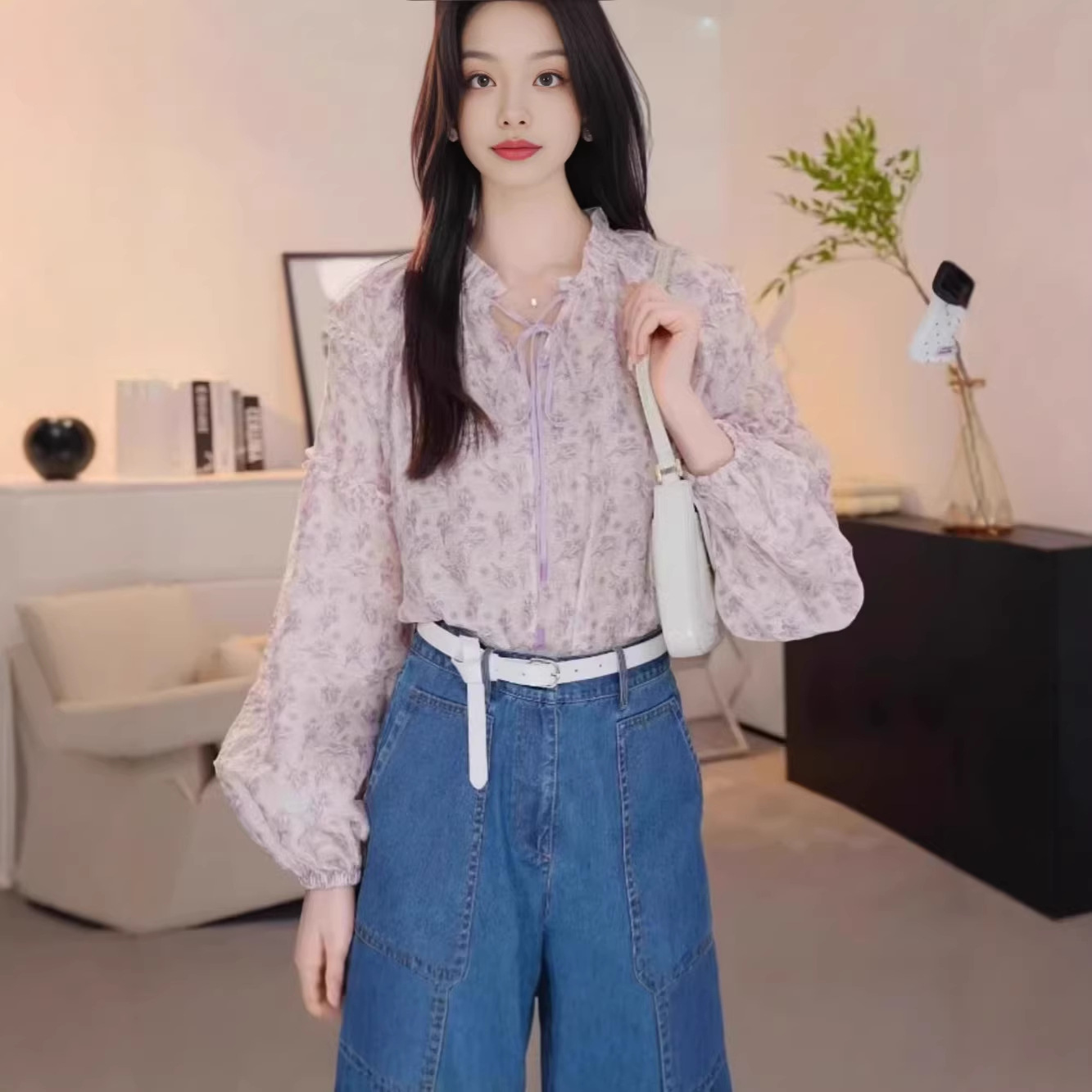Áo sơ mi dài tay nữ hai lớp phối ren hoa nhí, chất liệu mềm mại — Bột hoa anh đào - Hoa nhỏ chi tiết 1