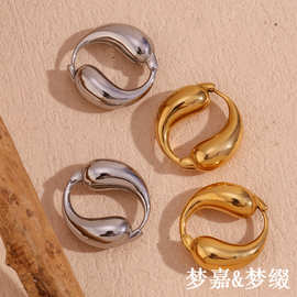 欧美时尚小众创意个性耳环不锈钢镀18K金光面两个水滴循环耳圈女