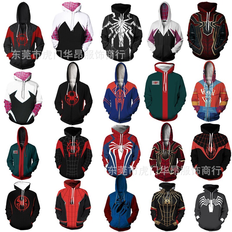 Cross-border European and American Marvel Spider-Man New Era small black spider hooded zipper sweater cosplay marvel hoodie for men