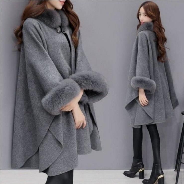 Luxury Rabbit Fur Collar Cape Coat - Elegant Mid-Length Wool Blend, Sleeveless Batwing Design, Timeless Audrey Hepburn Style_voghion.com