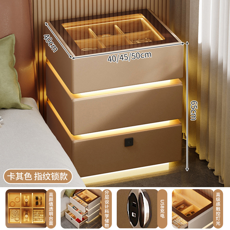 2024 nueva mesita de noche, lujo ligero, vidrio de alta gama con luz, dormitorio principal, precio alto, armario de almacenamiento rojo de Internet