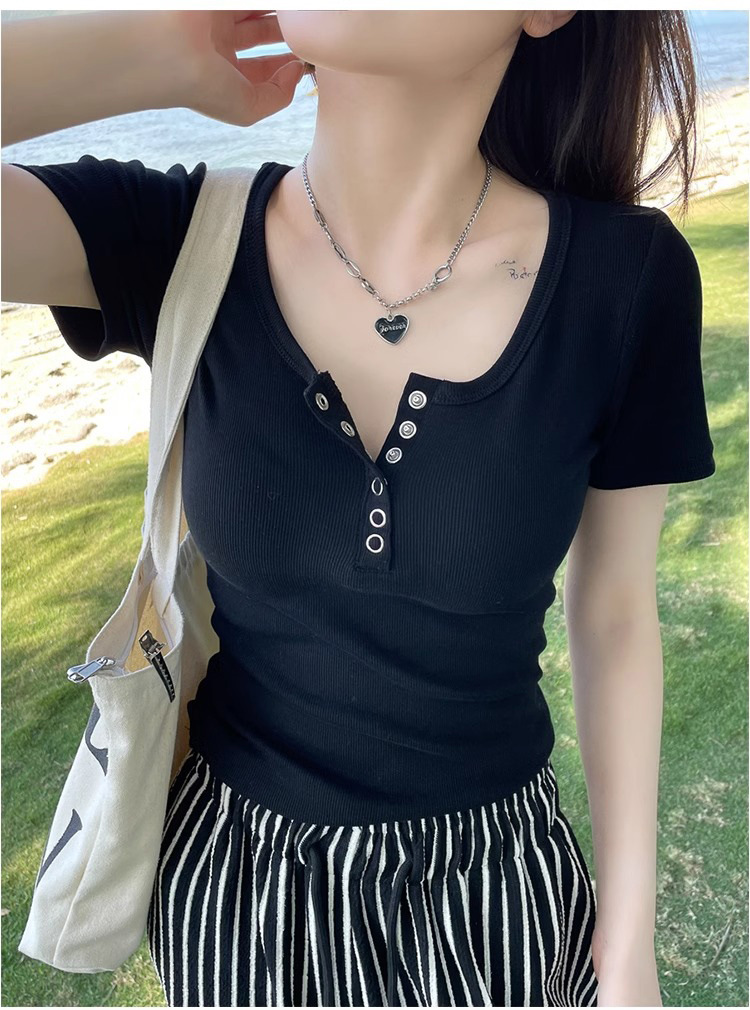 Ins Pure Sexy Button Shoulder Short-sleeved T-shirt Women's Summer Slim-fit V-neck Slim-fit Slim-fit Top Women's T-tide Wholesale