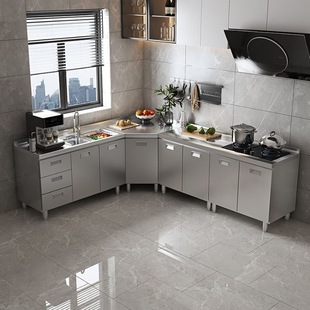 304 Stainless Steel Cabinet Household Kitchen Stove Counter Cabinet Cupboard Dishes Washing Integrated Simple Stainless Steel Cabinet Sideboard