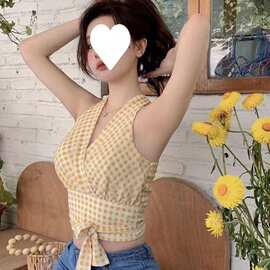 海边穿搭港风挂脖吊带背心女外穿内搭夏辣妹设计感格子上衣服其他