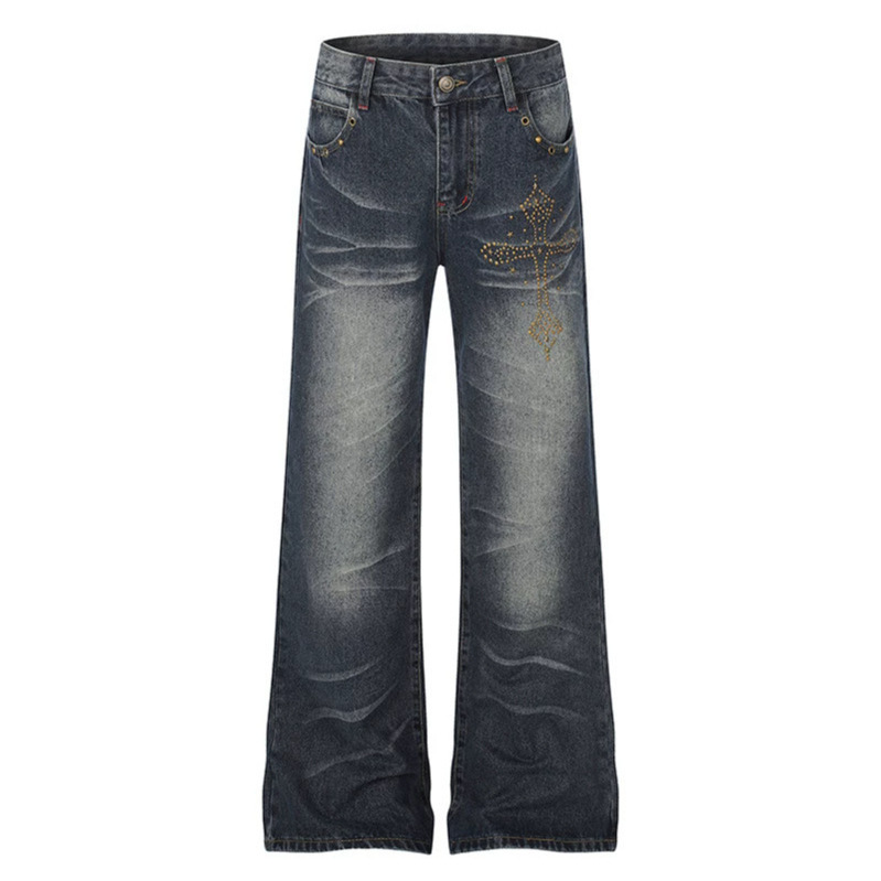 American retro washed and distressed cross-patterned, rhinestone-embellished, slightly flared jeans, unisex, slim-fit, and figure-flattering design, long pants American retro washed and distressed cross-patterned, rhinestone-embellished, slightly flared jeans, unisex, slim-fit, and figure-flattering design, long pants