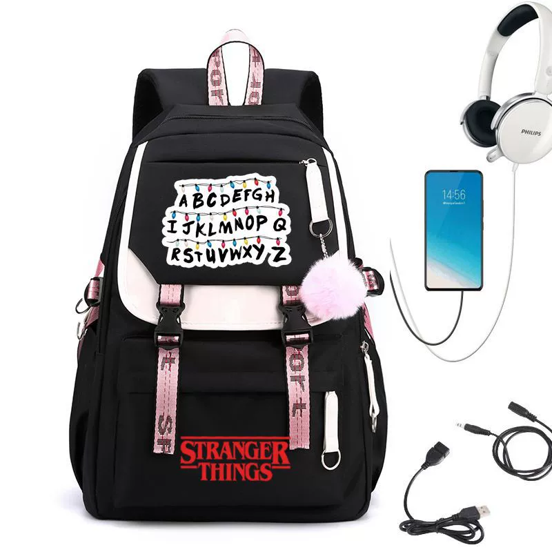 Рюкзак школьный (Stranger Things) с принтом Hellfire Club, USB‑порт, мягкая спинка, чёрно‑розовый