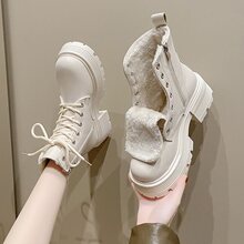 真软皮马丁靴女春夏加绒厚底增高白色短靴韩版时尚保暖防滑雪地靴