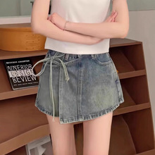 夏季新款复古蓝高腰绑带牛仔半身裙女小个子百搭不规则A字短裤裙