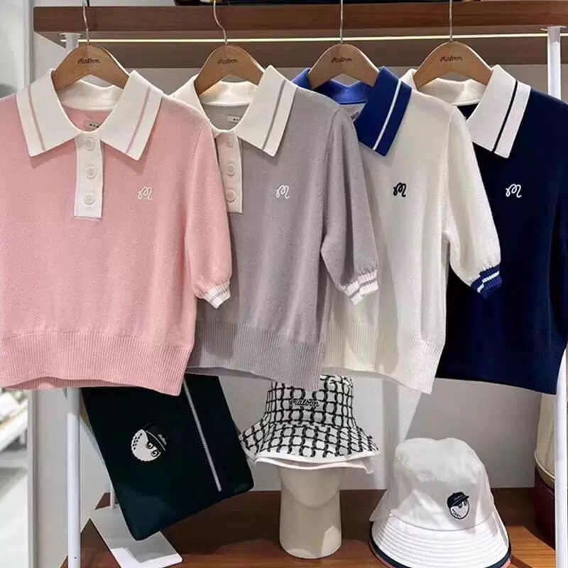 Malbon Golf Korean Golf Women's Summer Ice Silk Color-Blocked Stripesd Lapel Short-Sleeved Waist Top