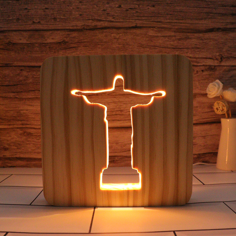 Cross-border explosions solid wood hollow cross 3D night light creative bedside LED luminous atmosphere lamp activity gift