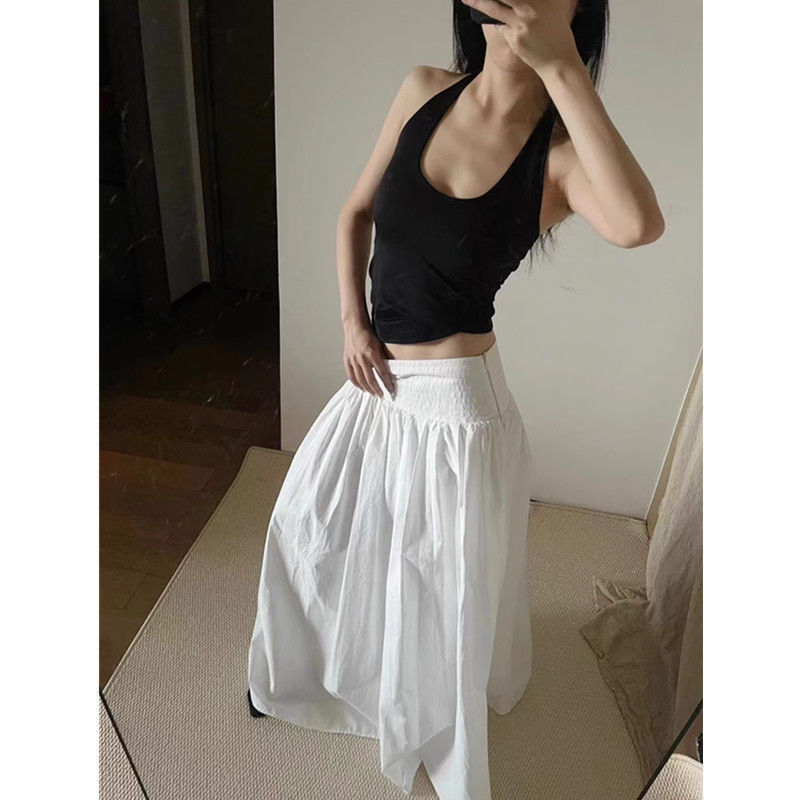 白色赫本小众显瘦松紧半身裙女夏季高腰休闲宽松显瘦通勤百搭长裙|undefined