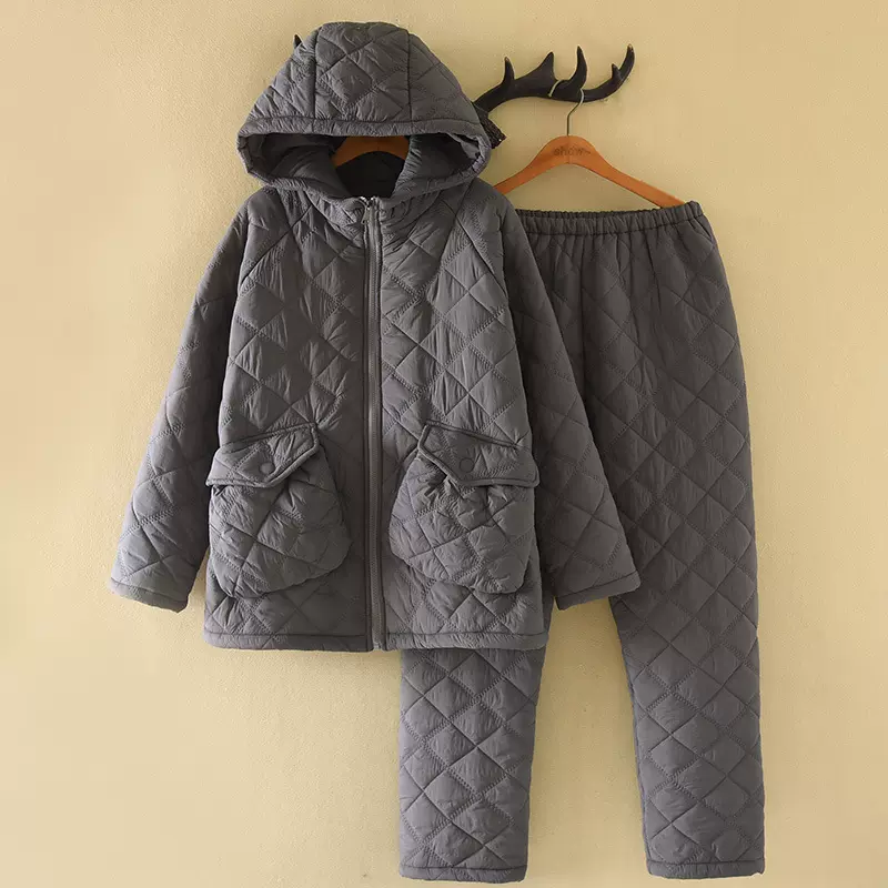 【防风防水】灰色连帽情侣夹棉睡衣男秋冬季三层加厚女家居服套装