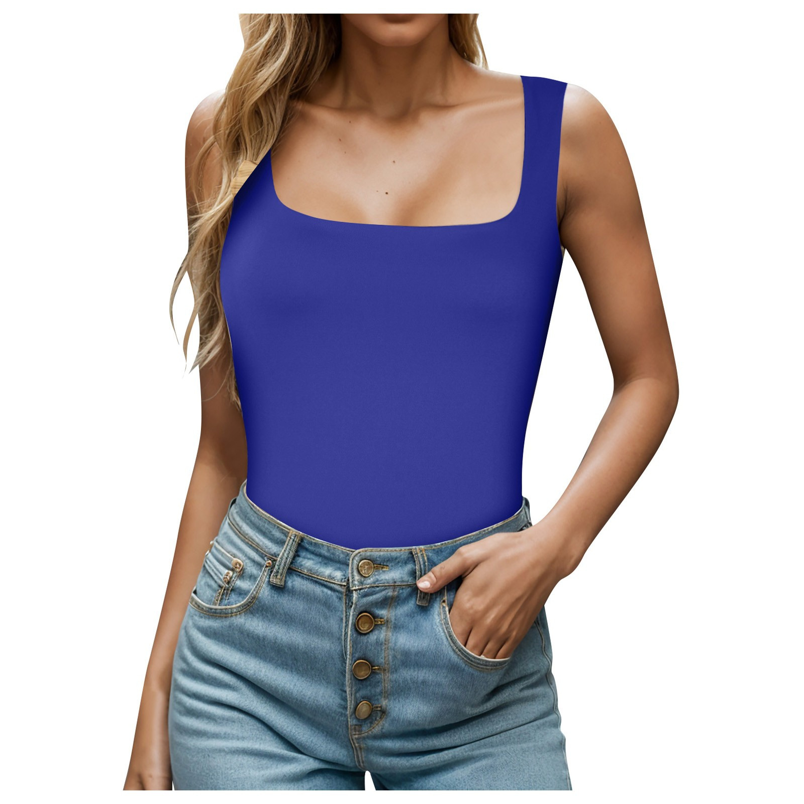 Summer New Women's Square Neck Sleeveless Double Layer Vest Basic Tight T Shirt_voghion.com