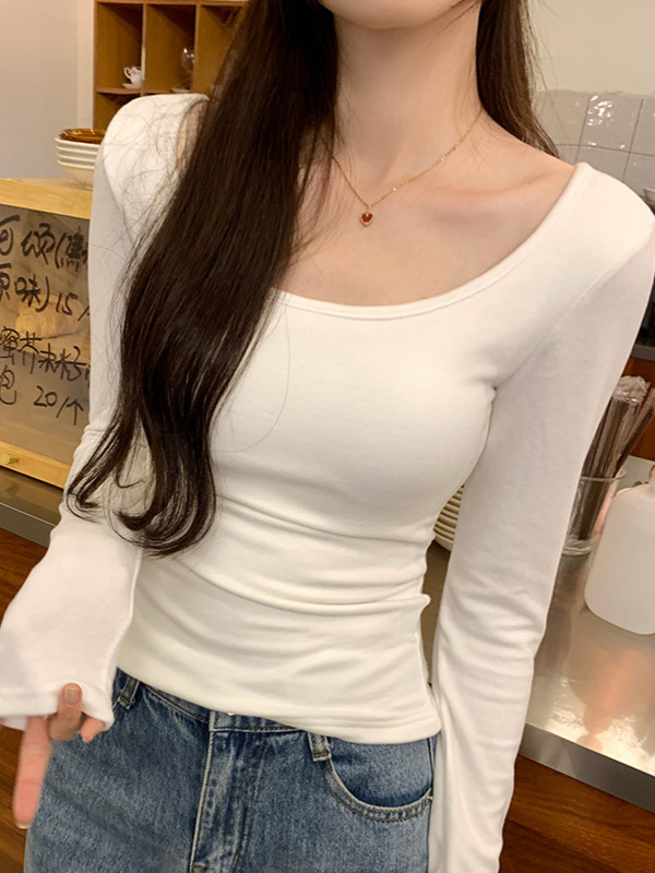 带胸垫修身打底衫女春秋内搭新款方领长袖高级感低领白色t恤上衣|undefined