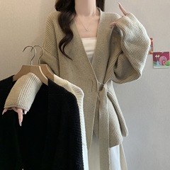跨境外贸慵懒高级感V领系带针织开衫女秋冬季宽松中长款毛衣外套