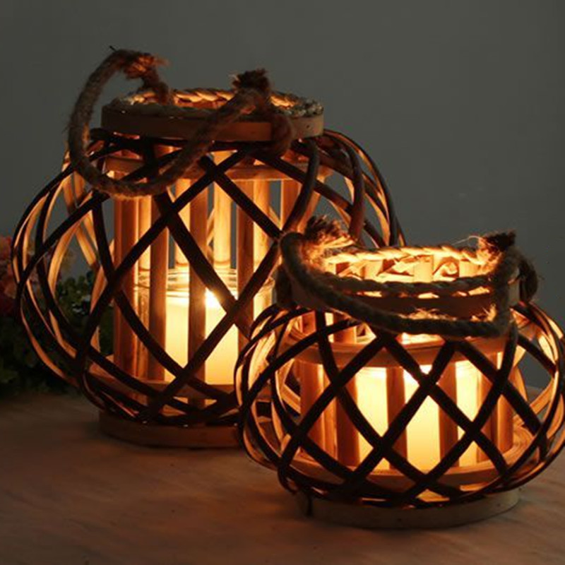 批發燈籠復古美式帶繩天然柳編燈籠掛件手工編織家居裝飾風燈燭台