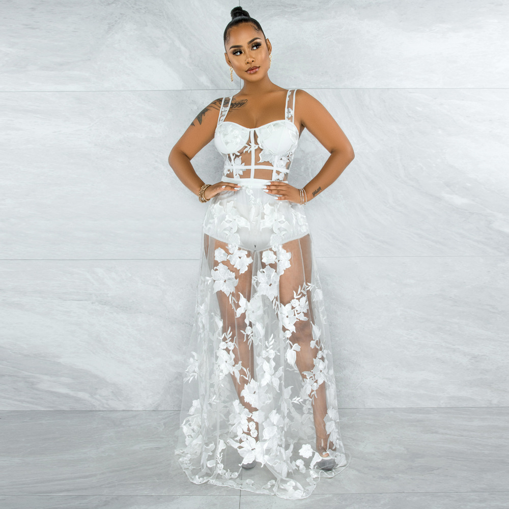 sexy sling with transparent embroidery net skirt fashion two-piece set Nihaostyles wholesale clothing vendor NSCYF73124