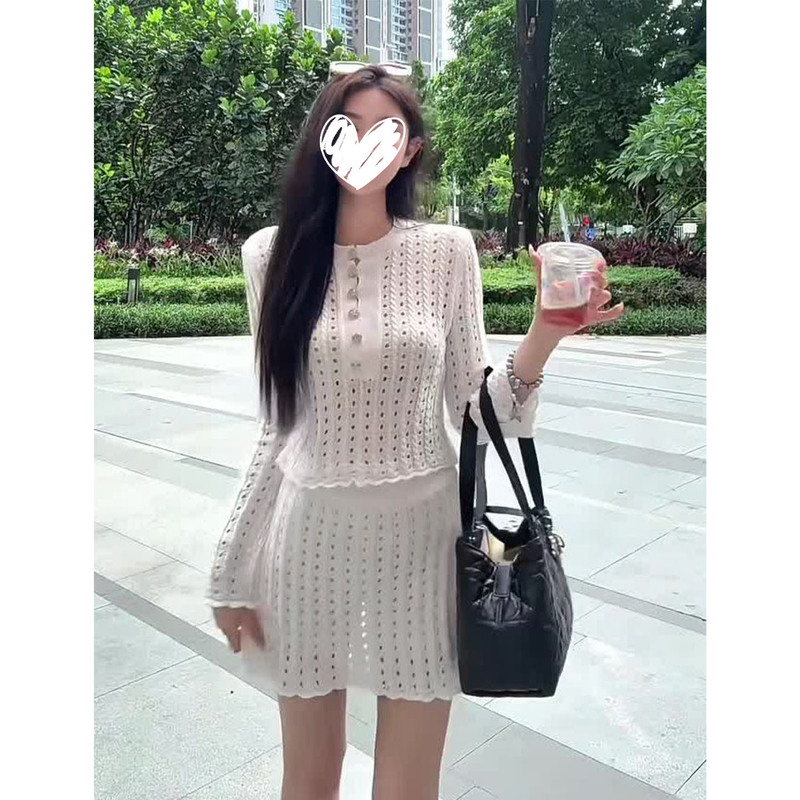 气质千金穿搭女白色长袖镂空针织短上衣短裙早秋新款宽松两件套装|undefined