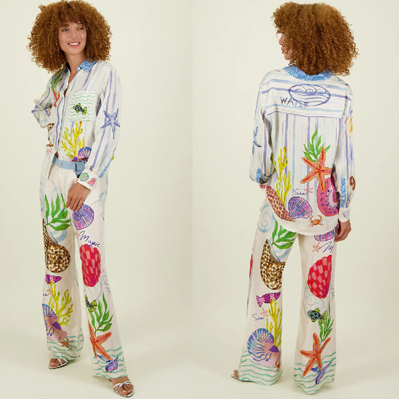 182g Weight Long Sleeve Sleeve Length Polyester Fabric Type Pant Co-ord Set Sets Type 2 Pieces Set Quantity Holiday, Beach Occasion Turndown Neckline Loose Fit Type Graffiti Pattern Summer Season Women's Gender Printing Design Streetwear Style Holiday Beach Women's Streetwear Graffiti Polyester Printing Pant Co-ord Set Pants Sets 无