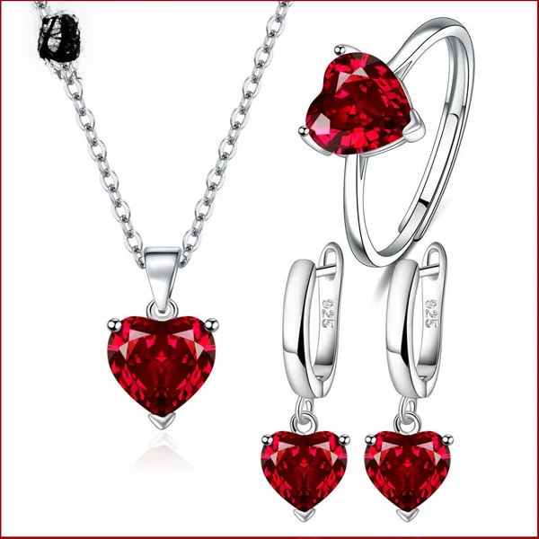 Amazon AliExpress Cross-border Love Zircon Ear Buckle Women's Creative Ring Heart-shaped Pendant Necklace Three-piece Suit