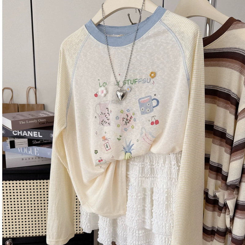 Cartoon Printed Long-Sleeved Raglan Sleeve Sun Protection Blouse Women's Top Summer New T-Shirt