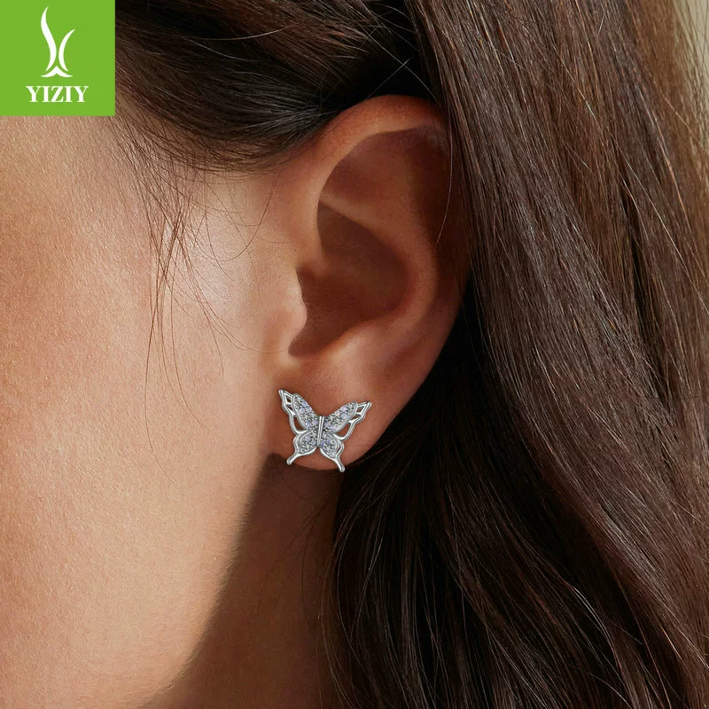 Серьги-гвоздики бабочки (YIZIY) BSE910, 925 серебро с инкрустацией наноопала и циркония