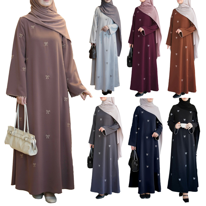 Elegant Loose-Fitting Long-Sleeved Dress with Bow Embroidery for Women, Fashionable Ethnic Style Hui Long Dress, Cross-Border Foreign Trade Elegant Loose-Fitting Long-Sleeved Dress with Bow Embroidery for Women, Fashionable Ethnic Style Hui Long Dress, Cross-Border Foreign Trade
