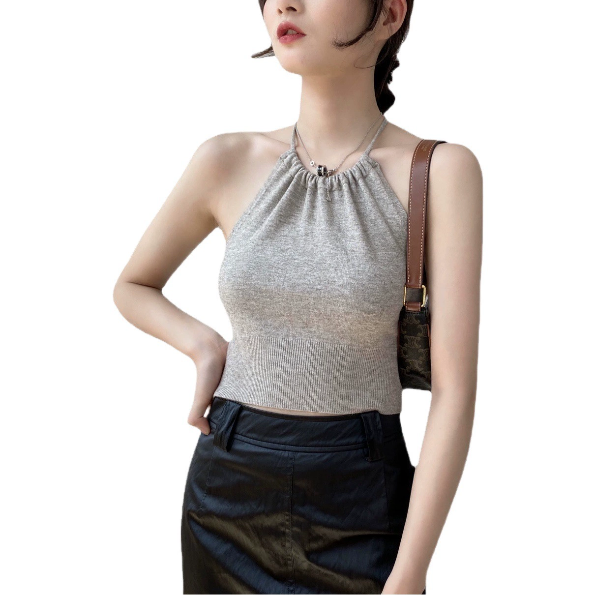 Летний вязаный топ без рукавов на шнуровке Jiuzhi с воротником-халтер и подтяжками допамина, дизайн B8092